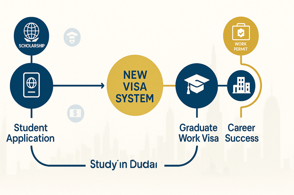 Flowchart depicting Dubai's new streamlined student visa system and graduate work visa pathway