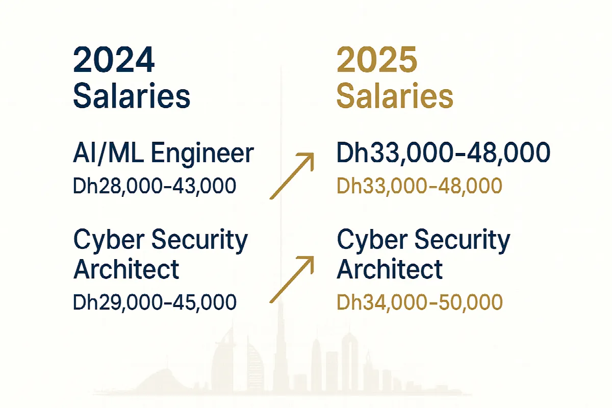 UAE tech salary comparison chart showing 2024 vs 2025 compensation increases for AI engineers and cybersecurity professionals
