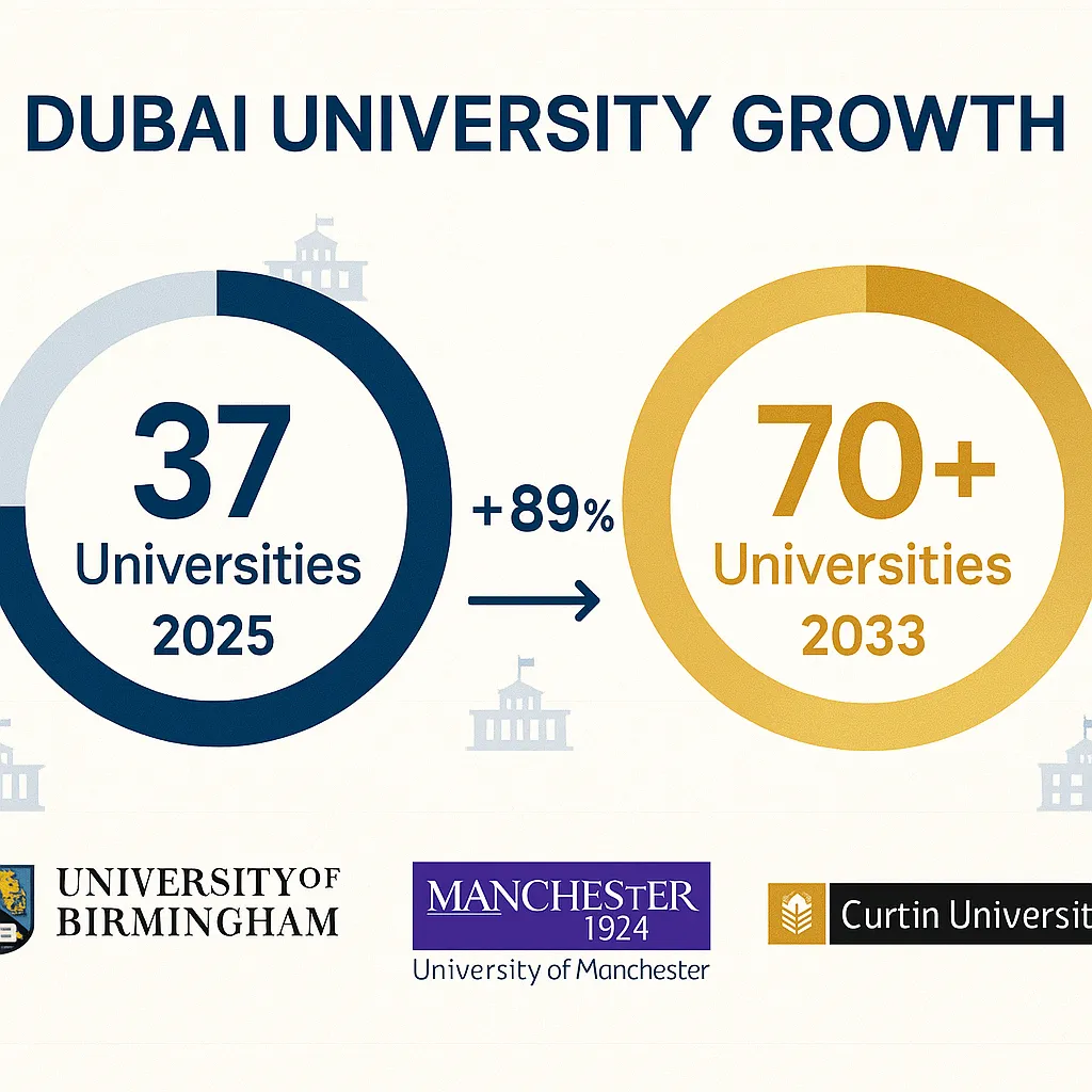 Dubai university expansion infographic showing growth from 37 to over 70 international universities by 2033