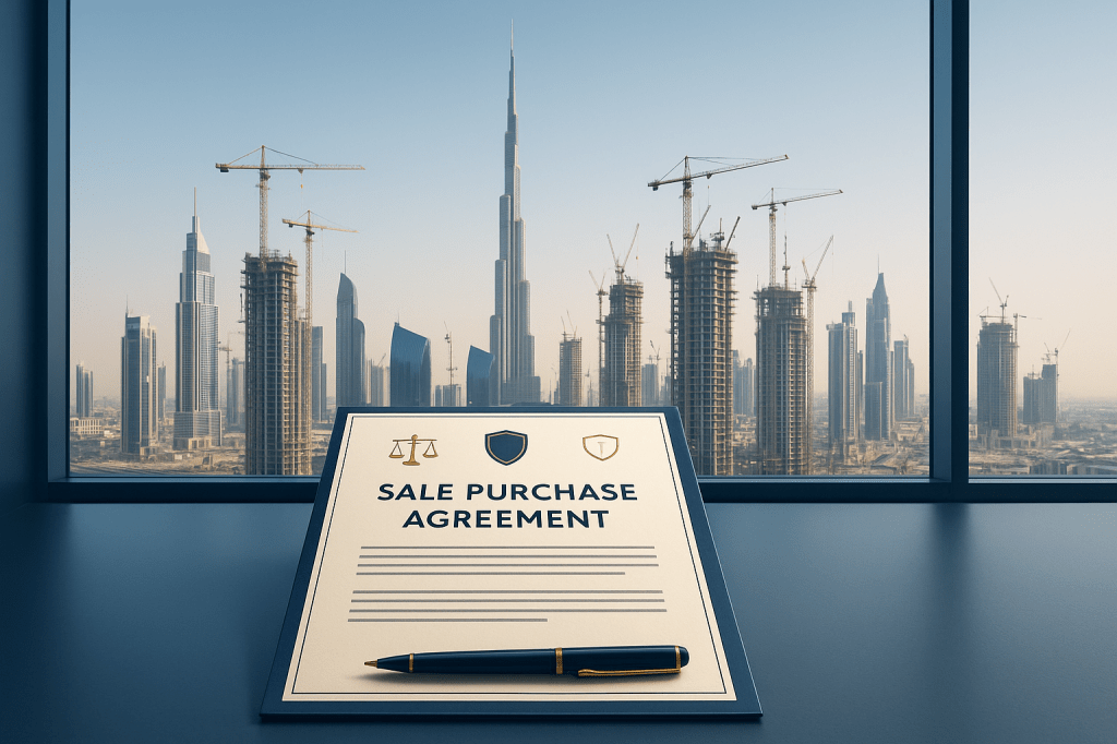 Dubai off-plan property legal documentation with city construction backdrop