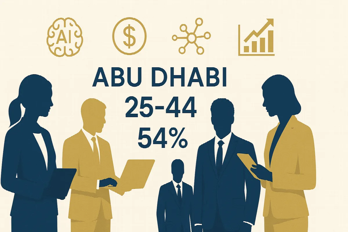 Abu Dhabi demographic breakdown showing 54% aged 25-44 professional workforce