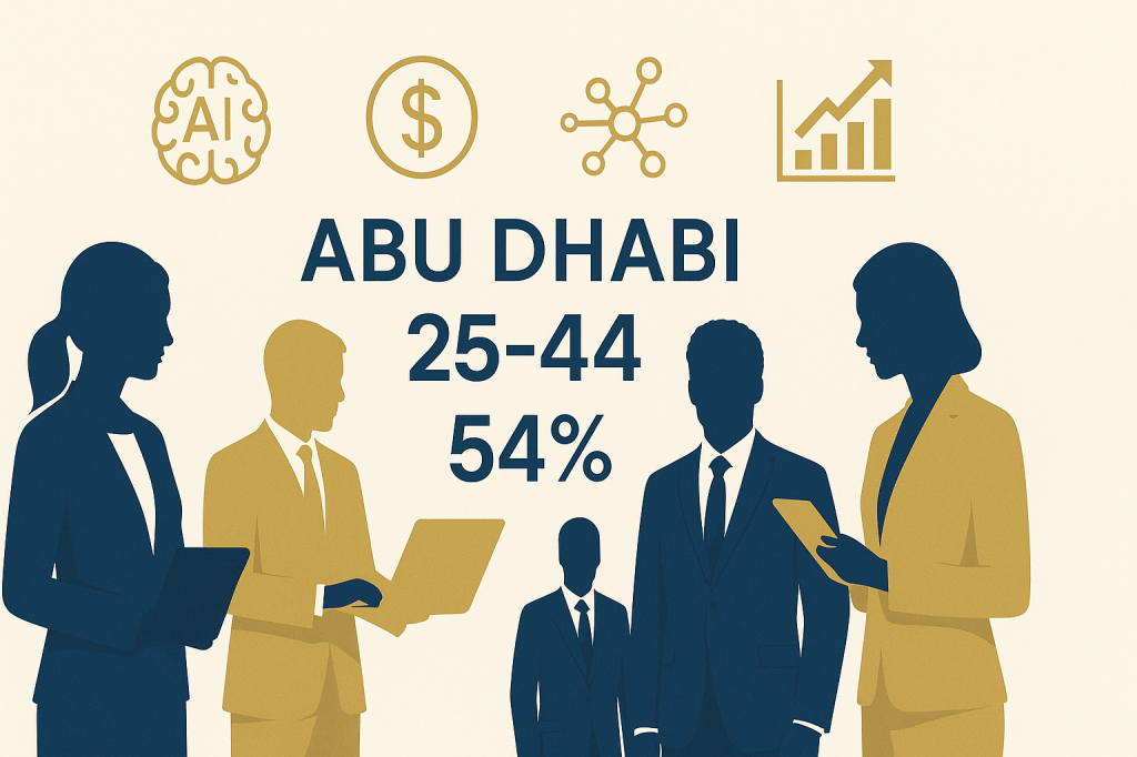 Abu Dhabi demographic breakdown showing 54% aged 25-44 professional workforce
