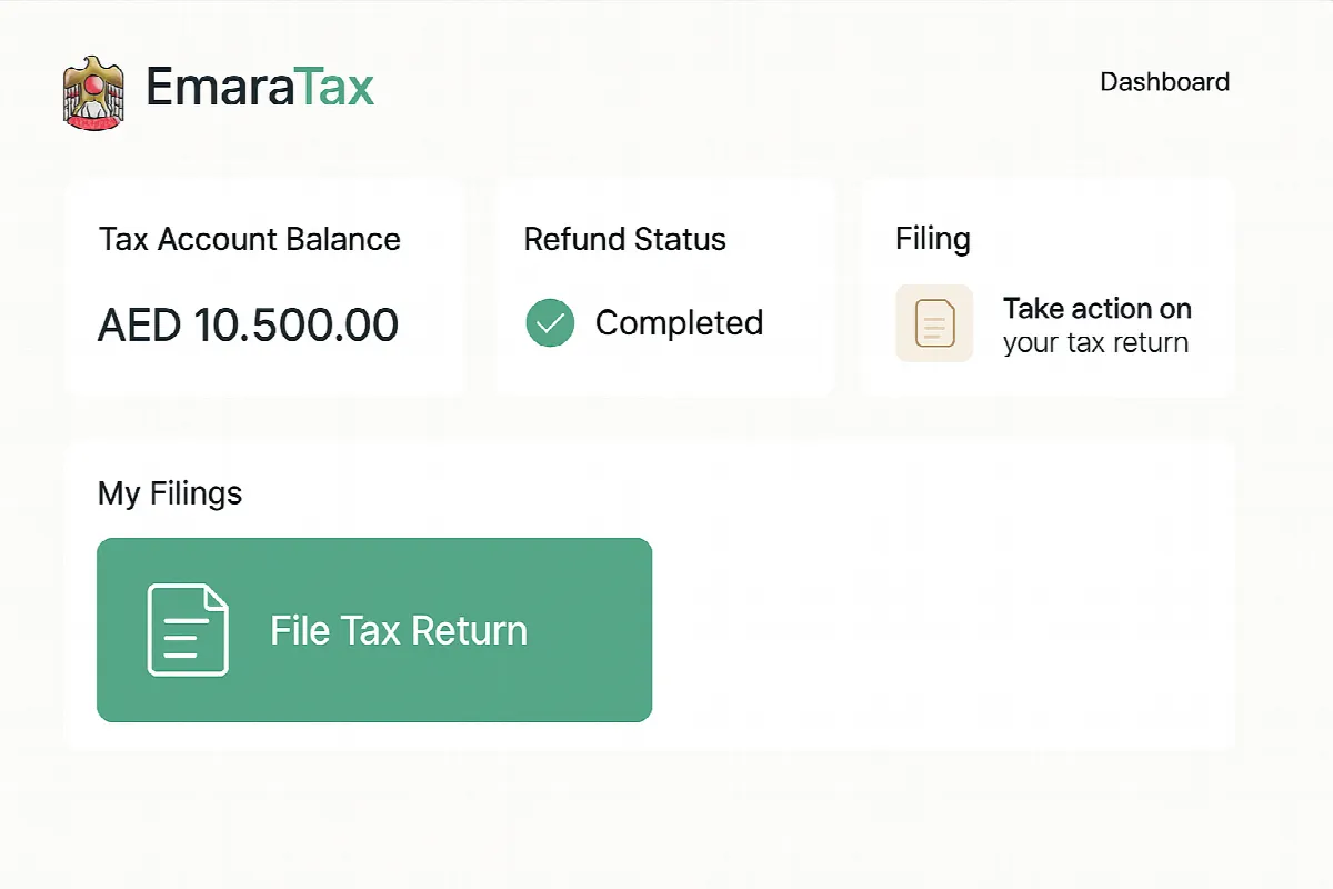 EmaraTax portal dashboard interface showing tax account and refund processing sections