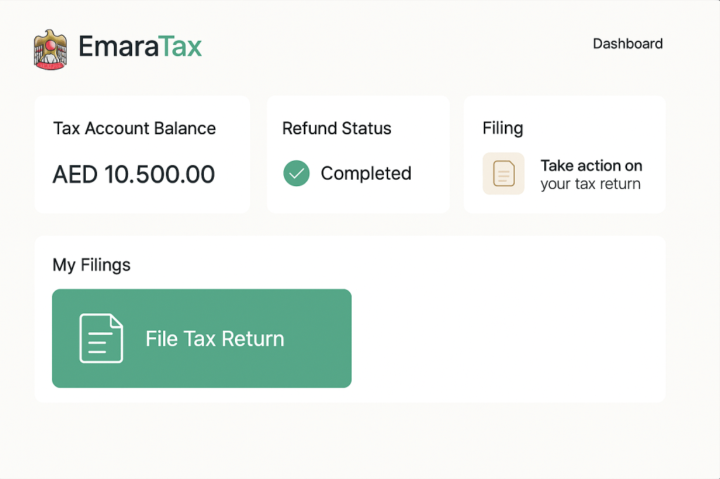 EmaraTax portal dashboard interface showing tax account and refund processing sections