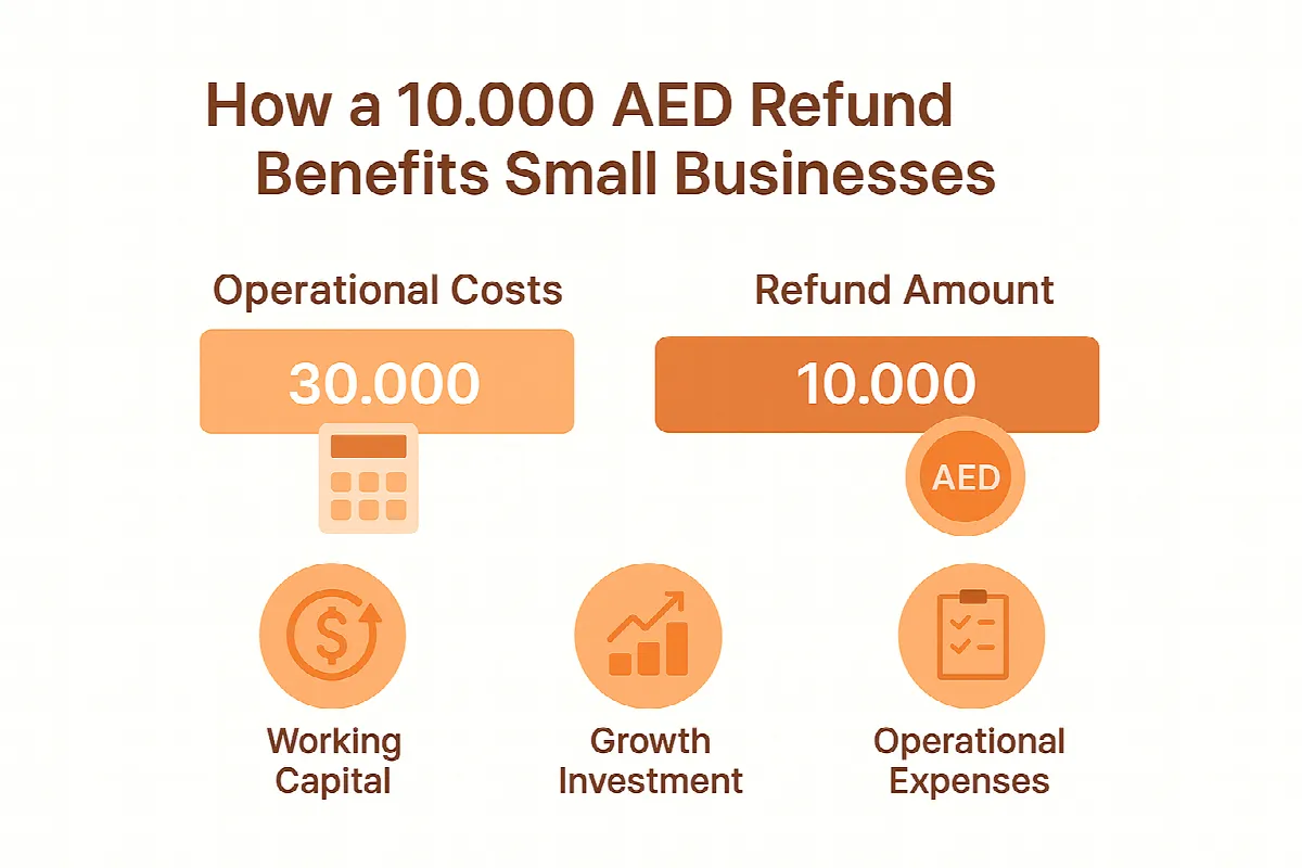 Small business benefits infographic showing AED 10,000 penalty refund impact on operational costs

