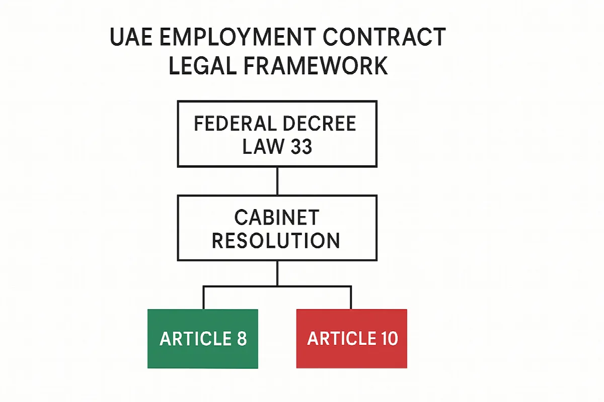 UAE employment contract legal framework showing Federal Decree-Law No. 33 articles
