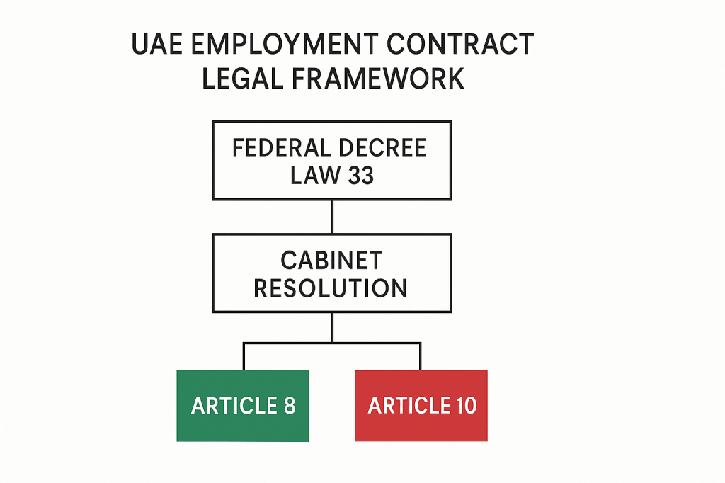 UAE employment contract legal framework showing Federal Decree-Law No. 33 articles