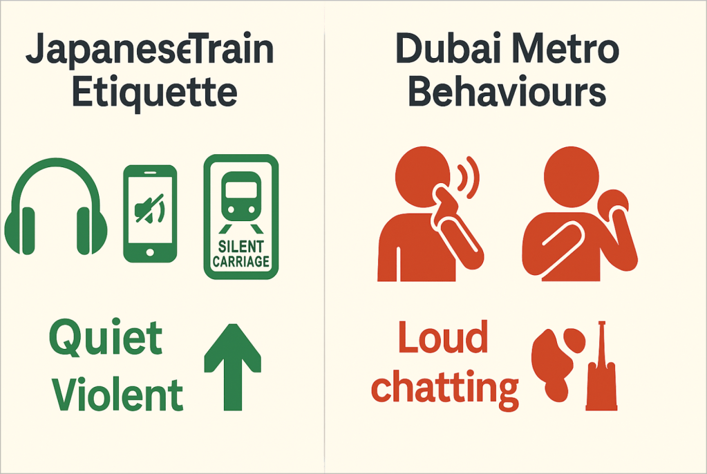 International metro etiquette comparison between Japanese and Dubai train behaviour