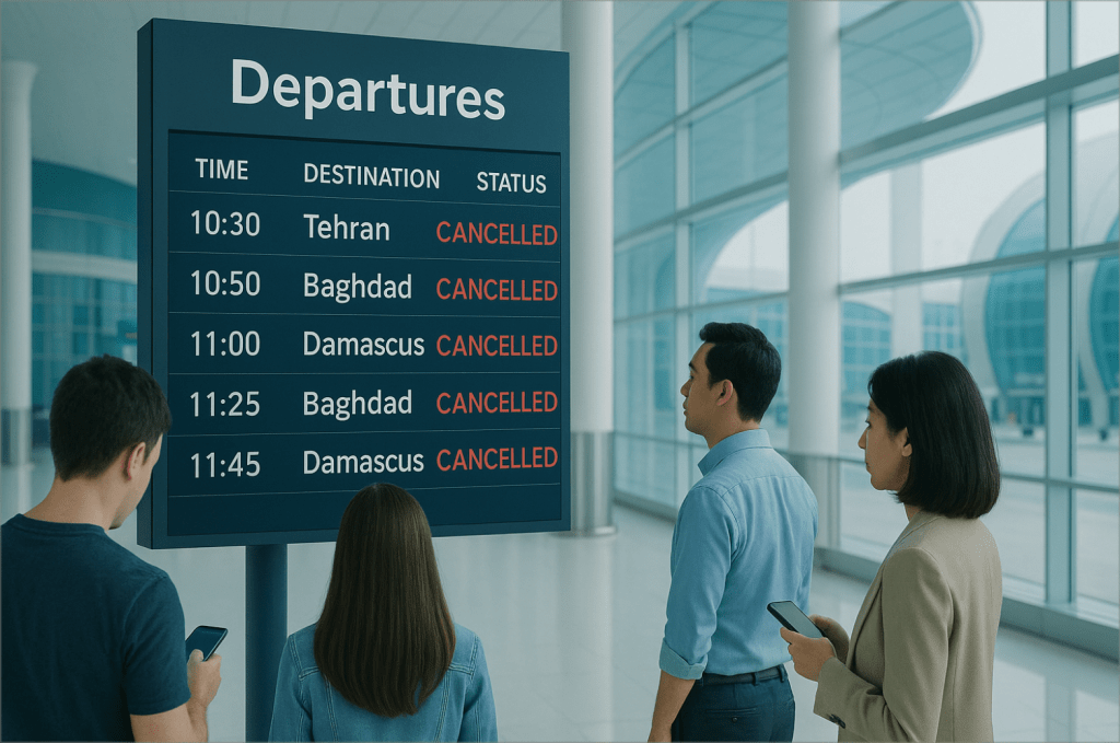 UAE airport departure board showing cancelled flights to Middle Eastern destinations