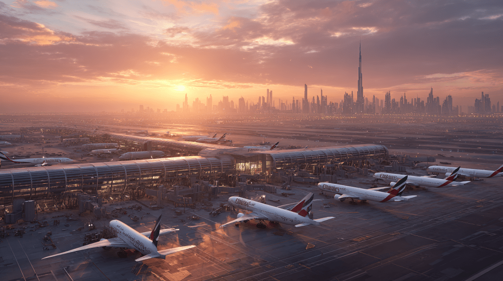 Aerial view of Dubai International Airport showing UAE airline aircraft and terminal facilities during regional flight disruptions