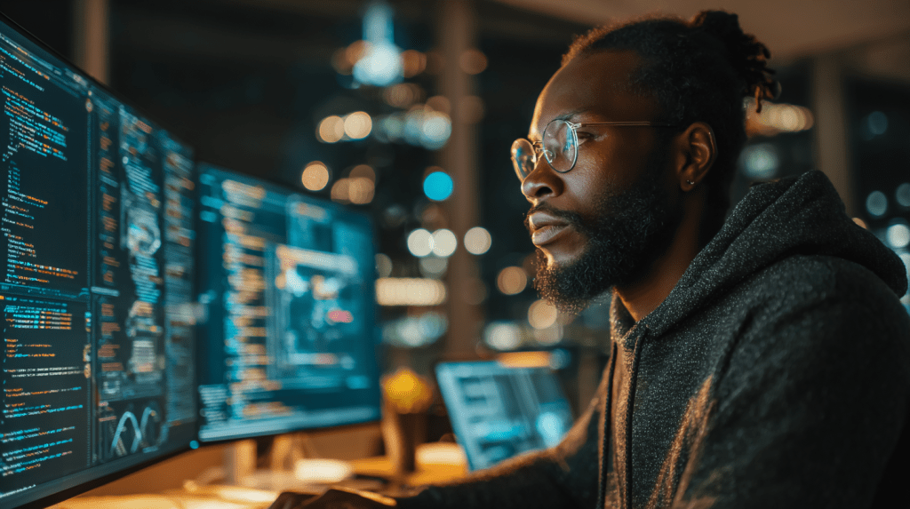 Tech professional working on digital transformation projects in modern UAE office