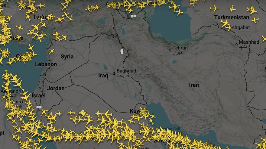 Regional airspace closures map showing affected countries and flight route diversions