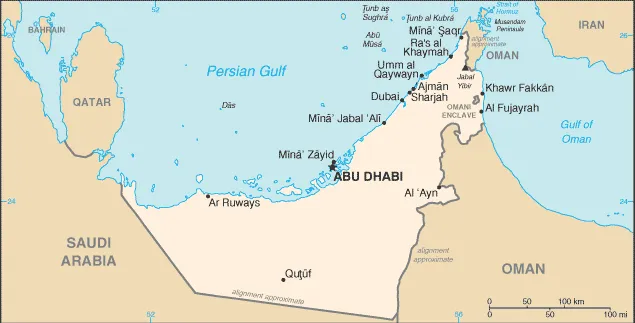 Infographic showing five main UAE to Oman border crossing points and routes