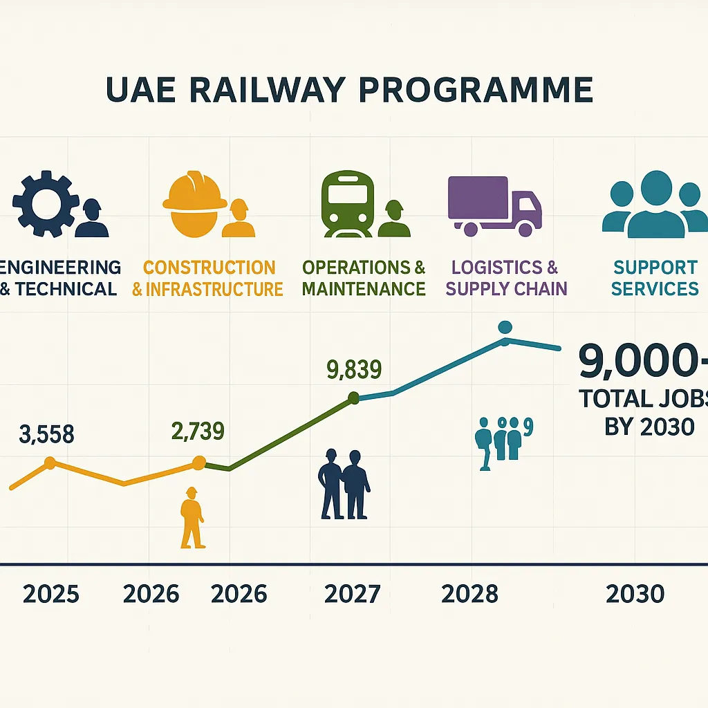 Etihad Rail job creation timeline showing employment growth across five key sectors from 2025 to 2030