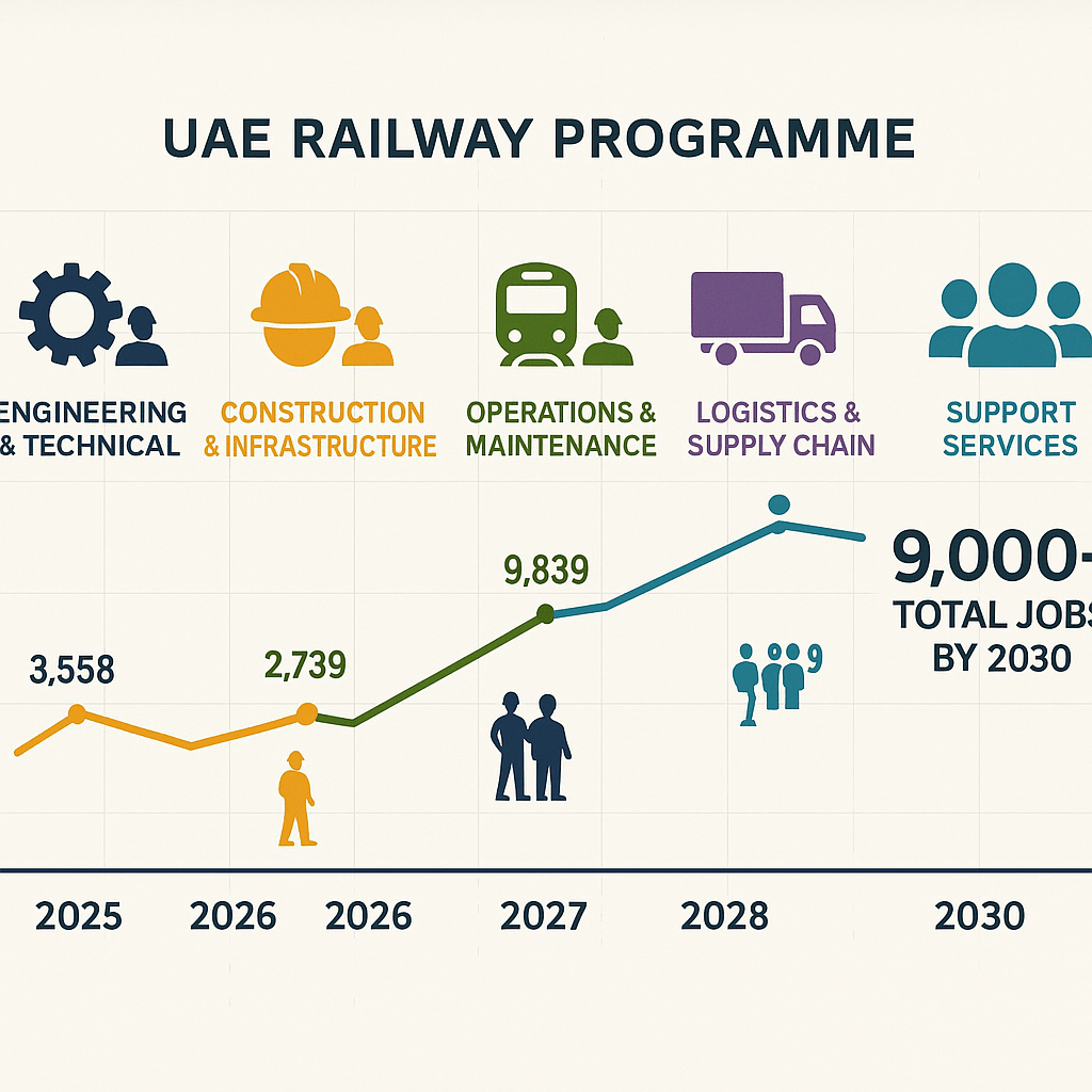Etihad Rail job creation timeline showing employment growth across five key sectors from 2025 to 2030