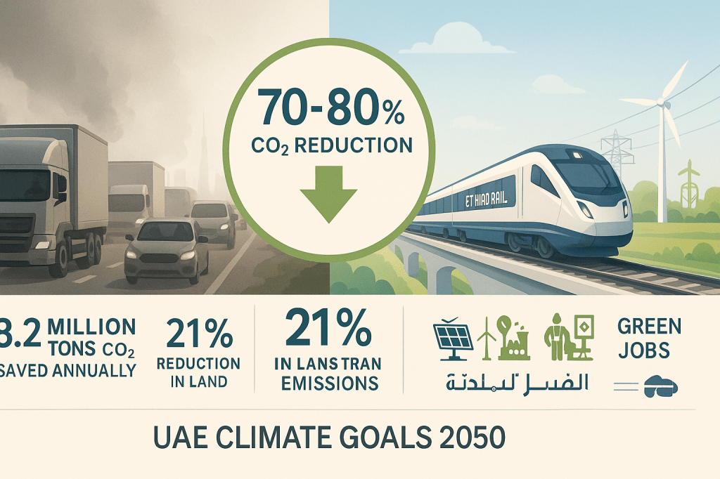Environmental impact comparison showing Etihad Rail's CO2 reduction versus traditional transport methods