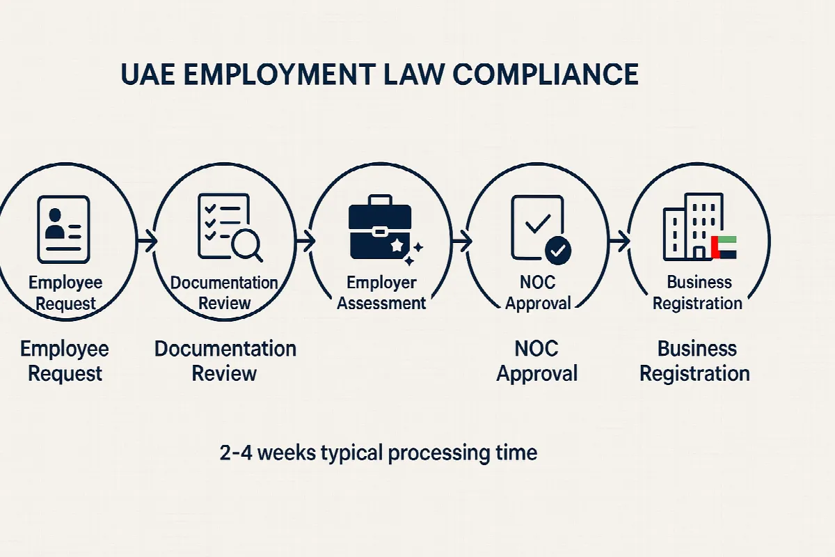 NOC application process infographic for UAE employees starting businesses while employed