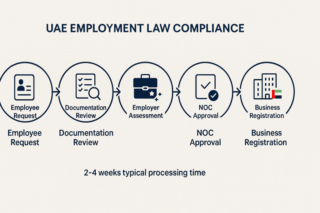 NOC application process infographic for UAE employees starting businesses while employed