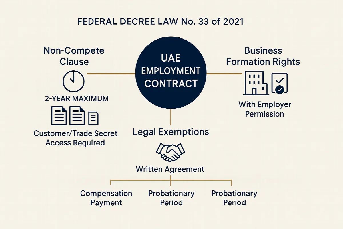 UAE employment law framework showing non-compete clauses and business formation rights