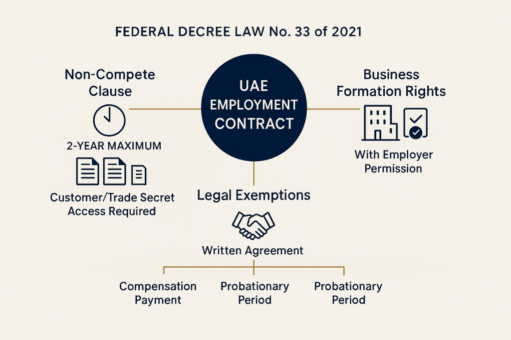 UAE employment law framework showing non-compete clauses and business formation rights