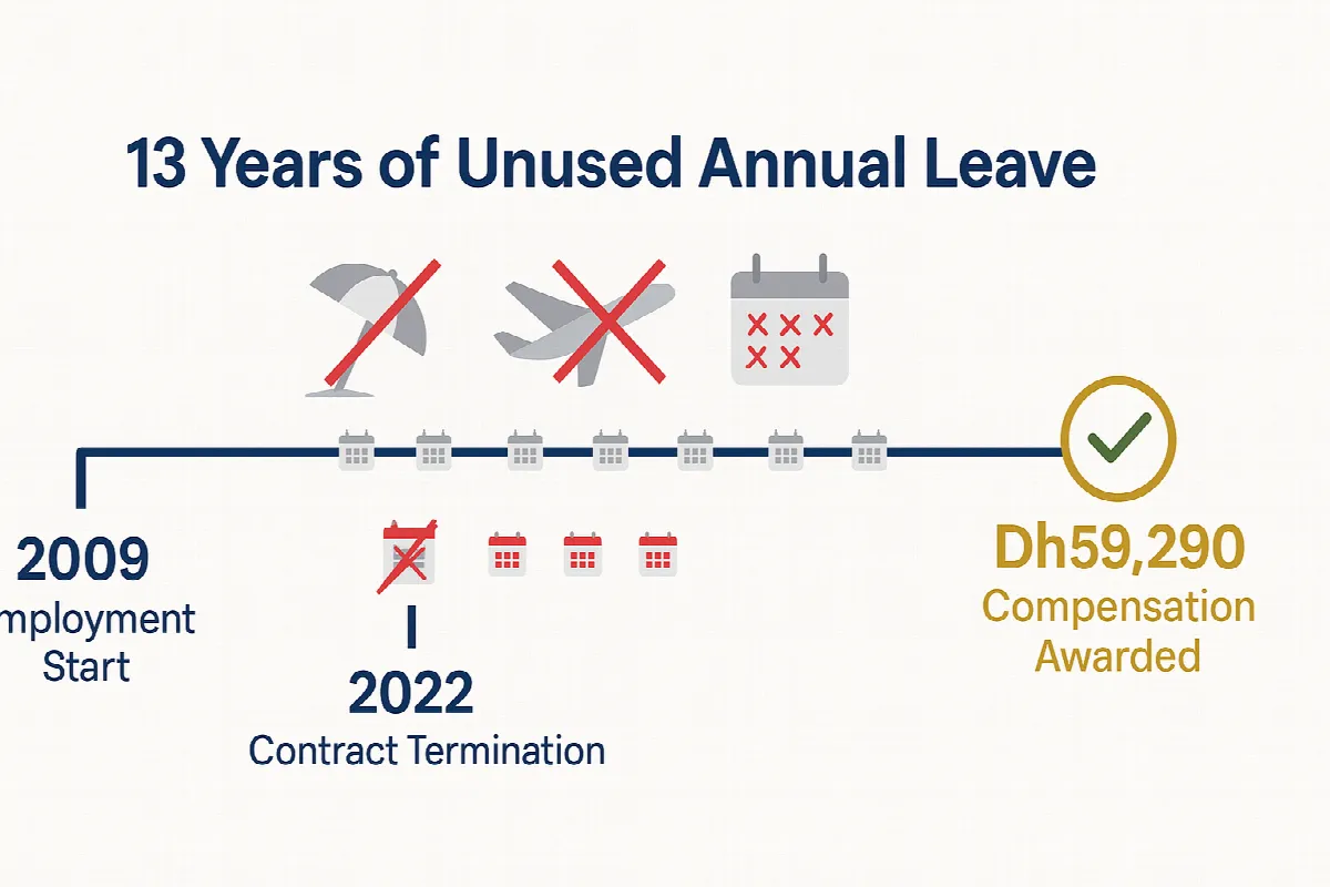Timeline showing 13 years of unused annual leave leading to Dh59,290 compensation award