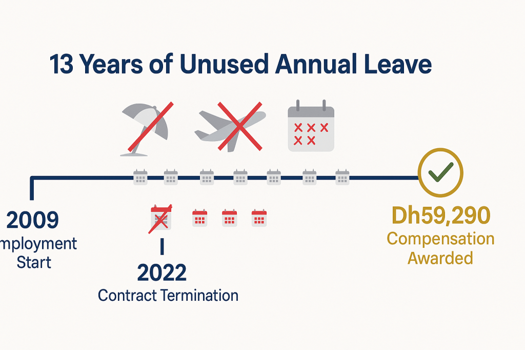 Timeline showing 13 years of unused annual leave leading to Dh59,290 compensation award