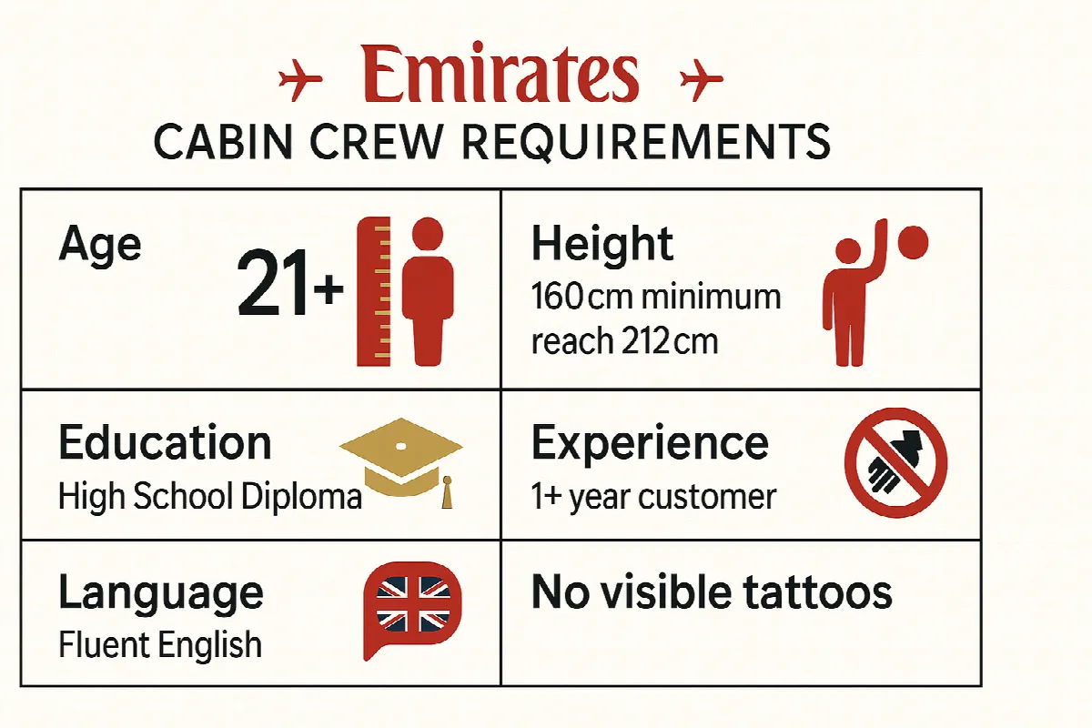 Emirates cabin crew job requirements infographic showing age, height, education and experience criteria