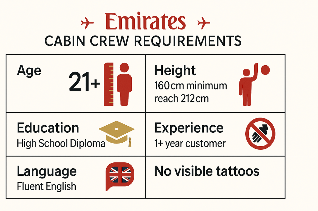 Emirates cabin crew job requirements infographic showing age, height, education and experience criteria