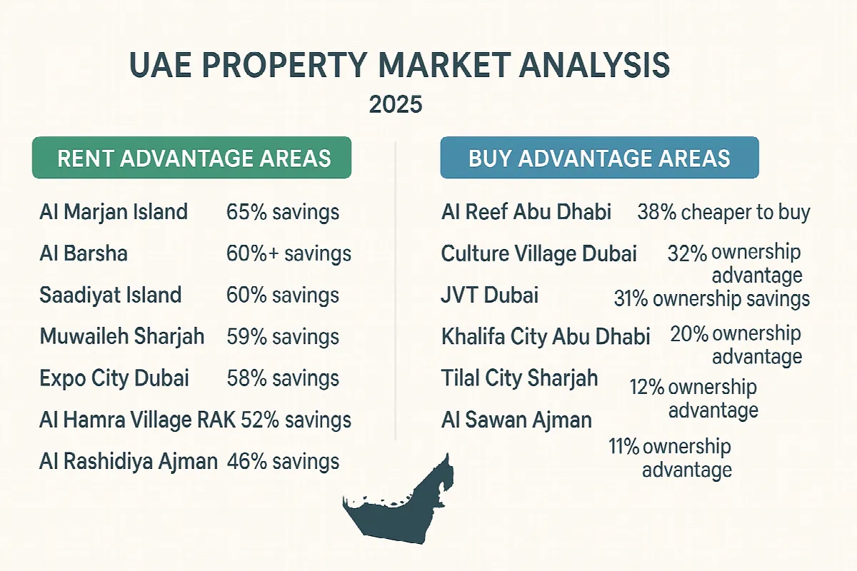 Comprehensive UAE property rent vs buy comparison chart showing percentage savings across emirates