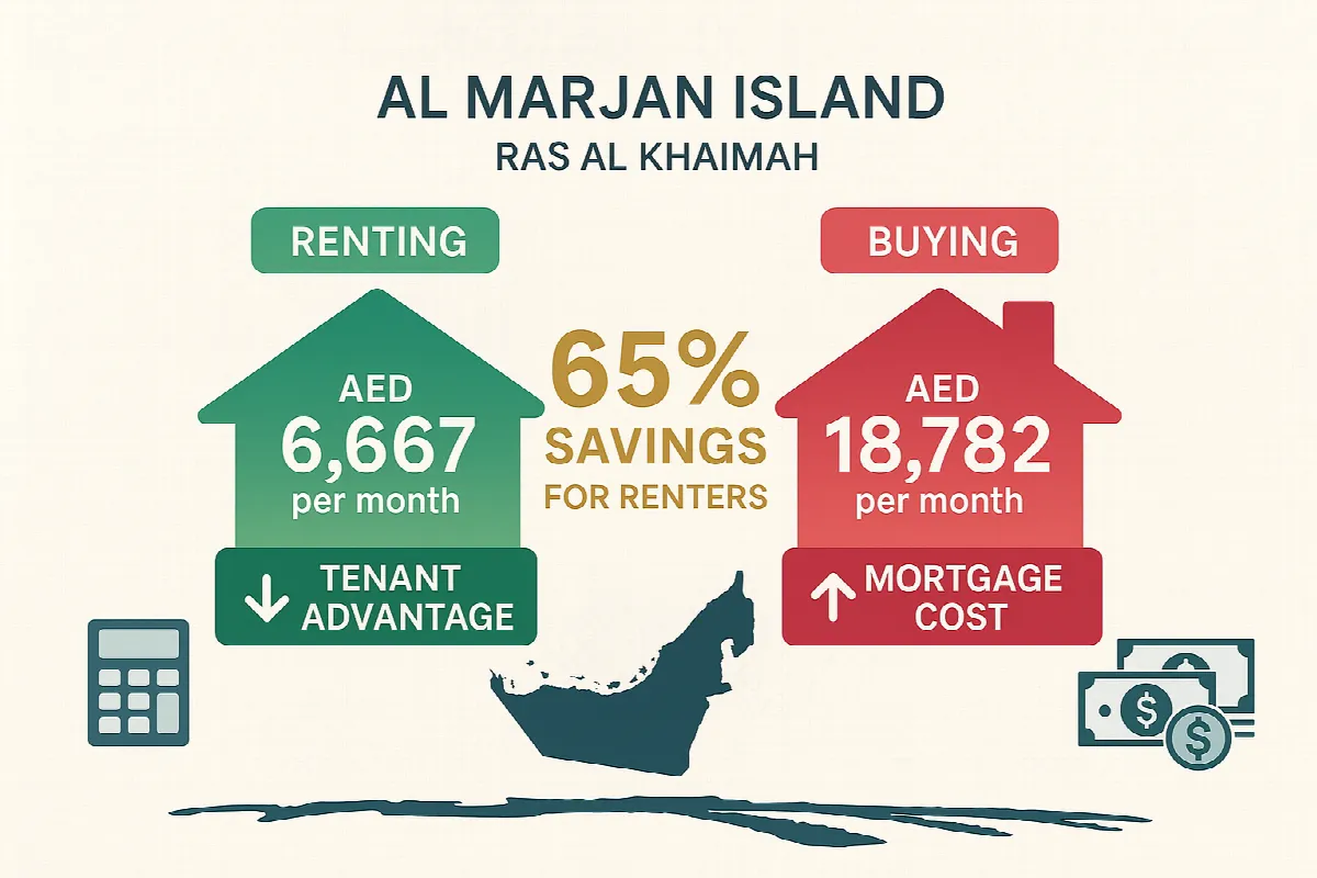 Al Marjan Island detailed rental vs mortgage cost analysis showing 65% savings for tenants