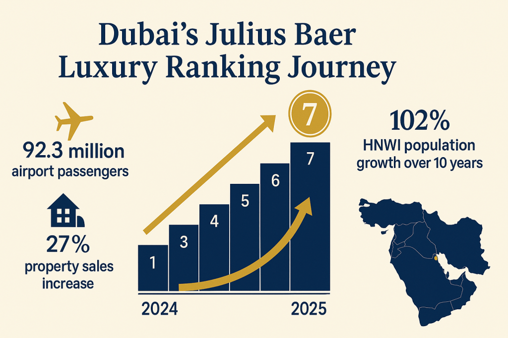 Dubai's luxury lifestyle ranking progression from 12th to 7th place