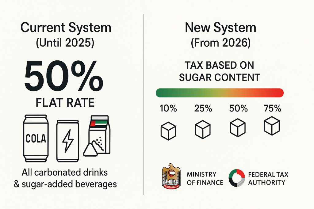 UAE excise tax comparison infographic showing current flat rate system versus new sugar-content-based taxation model for 2026