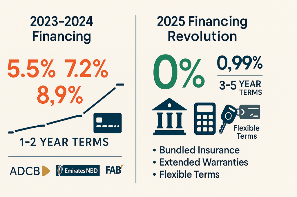 UAE car financing comparison showing 0% interest rates and improved terms available in 2025