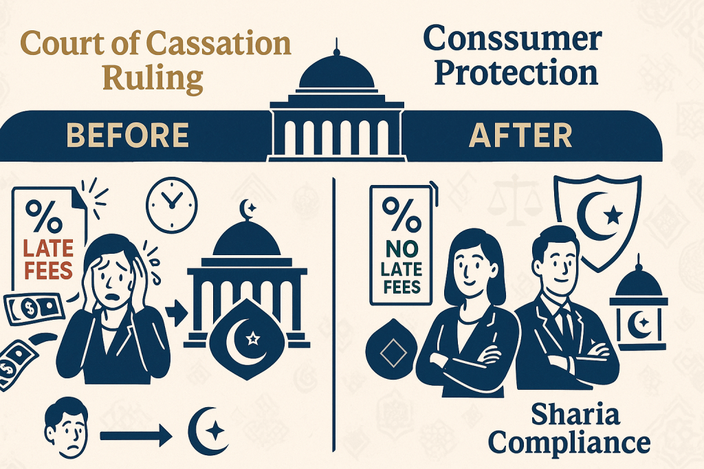 Before and after comparison showing customer protection from Islamic banking late fees following Dubai Court ruling