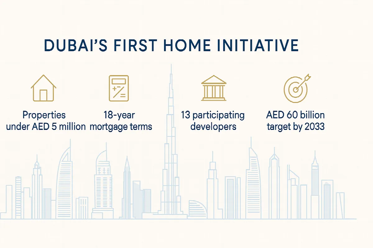 Dubai first home initiative key statistics infographic showing property caps, mortgage terms, and investment targets