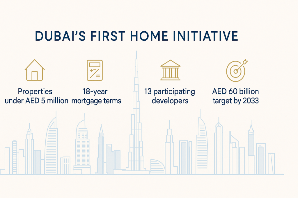 Dubai first home initiative key statistics infographic showing property caps, mortgage terms, and investment targets