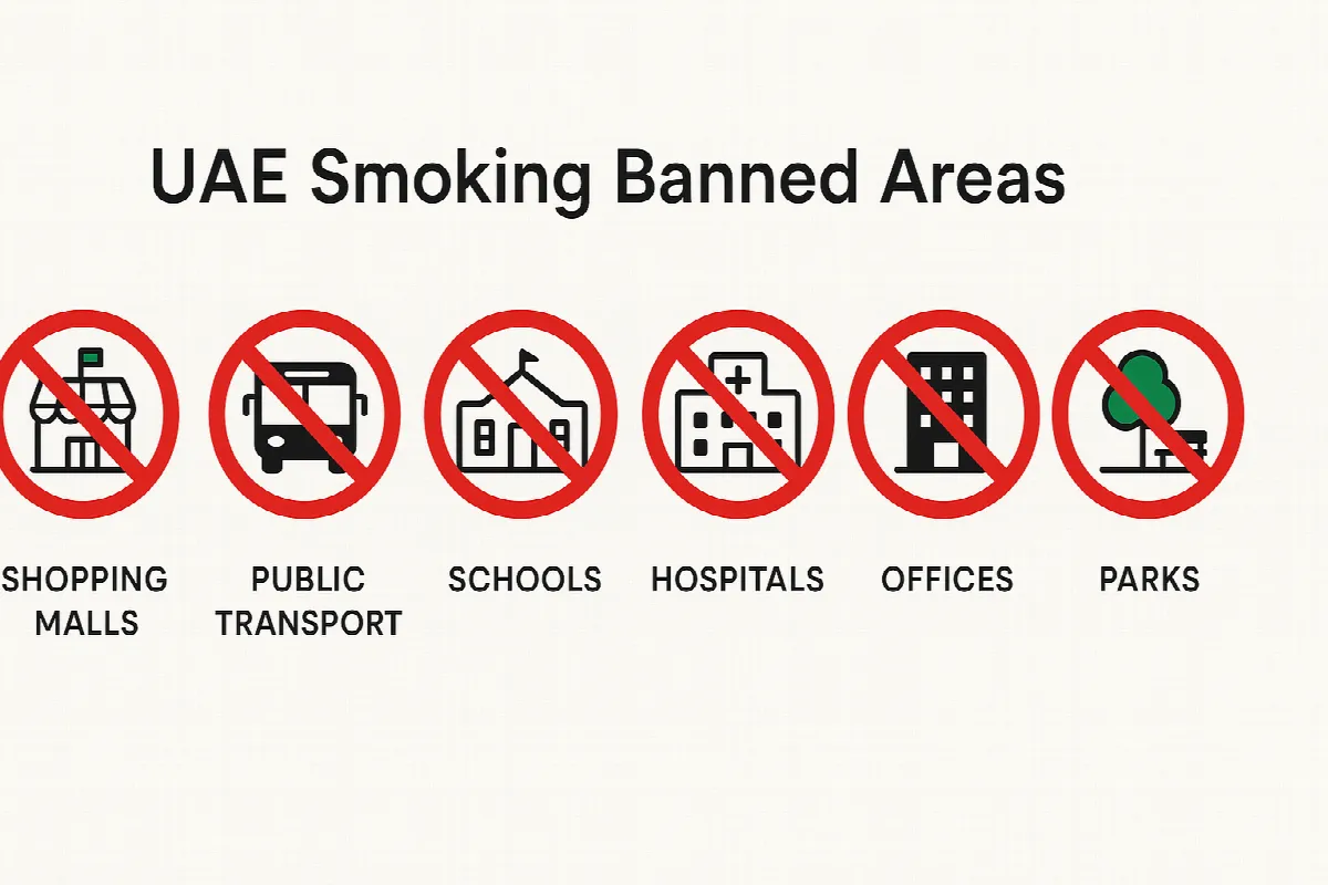 UAE smoking prohibition areas infographic showing banned locations including malls, transport, schools and public spaces