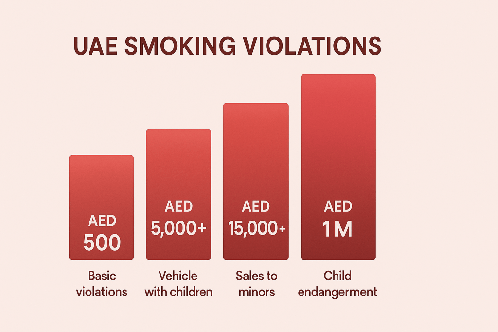 UAE smoking violation penalty structure chart showing fines from AED 500 to AED 1 million for different offences