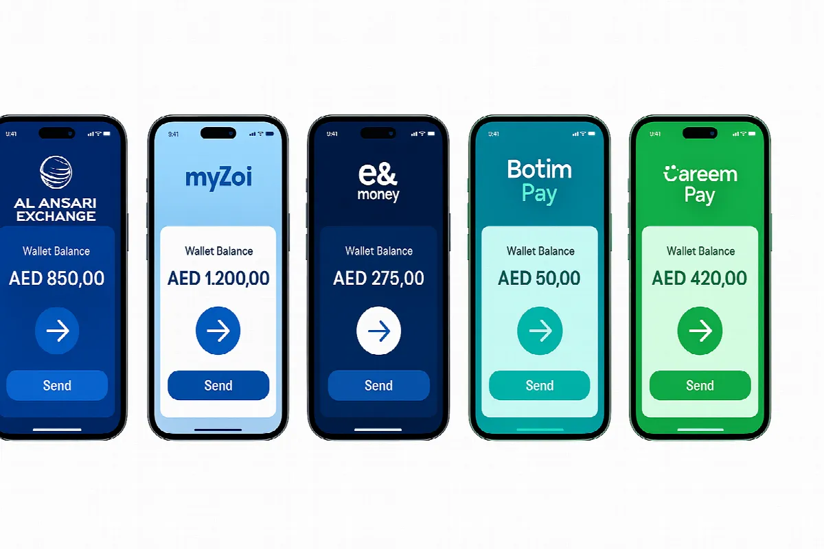 UAE digital wallet apps comparison showing Al Ansari Exchange, myZoi, e& money, Botim Pay and Careem Pay interfaces