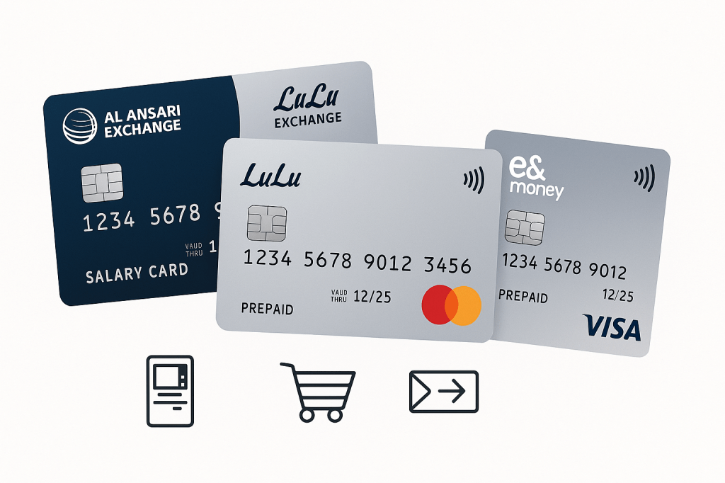 UAE prepaid salary cards from major providers showing ATM, shopping and money transfer capabilities