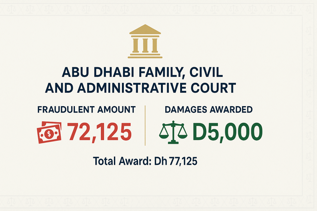 Abu Dhabi court ruling infographic showing Dh72,125 fraud amount and Dh5,000 damages awarded