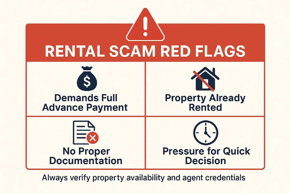 Warning signs of rental scams including advance payment demands and lack of documentation