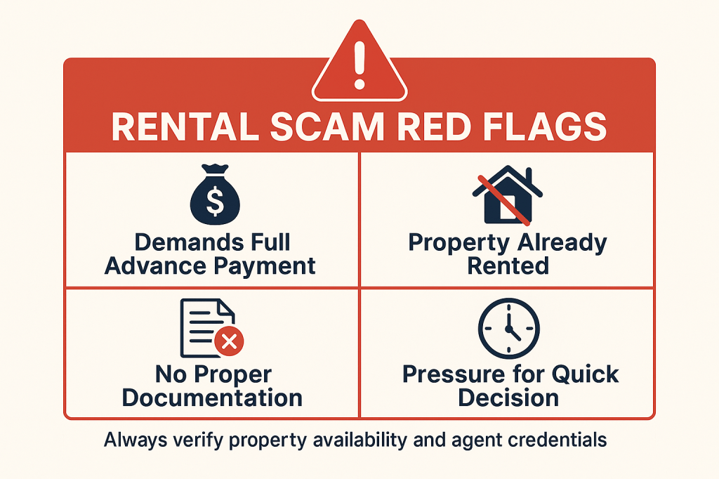 Warning signs of rental scams including advance payment demands and lack of documentation