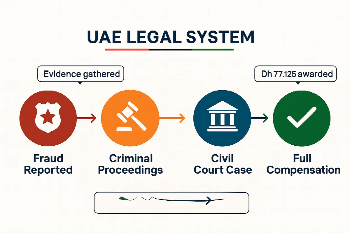 Timeline showing UAE legal process from fraud report to compensation award