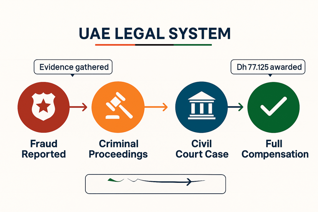 Timeline showing UAE legal process from fraud report to compensation award