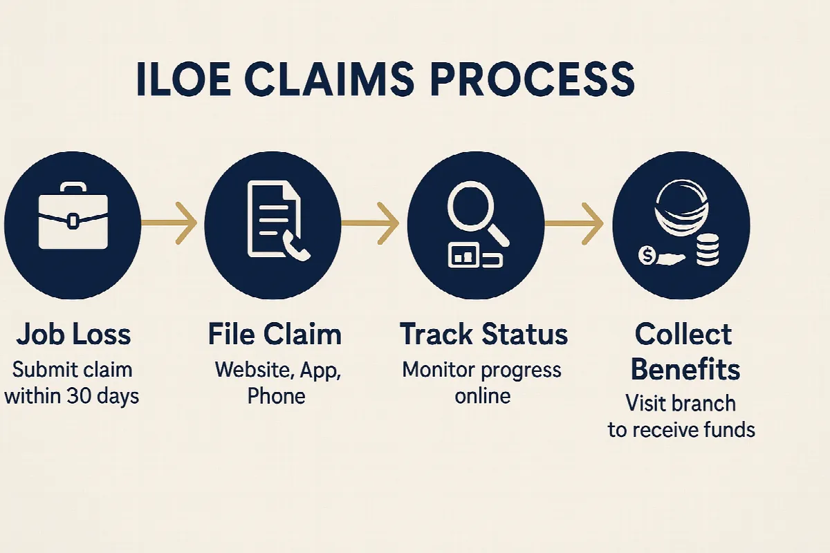 Four-step ILOE claims process from job loss to benefit collection at Al Ansari Exchange