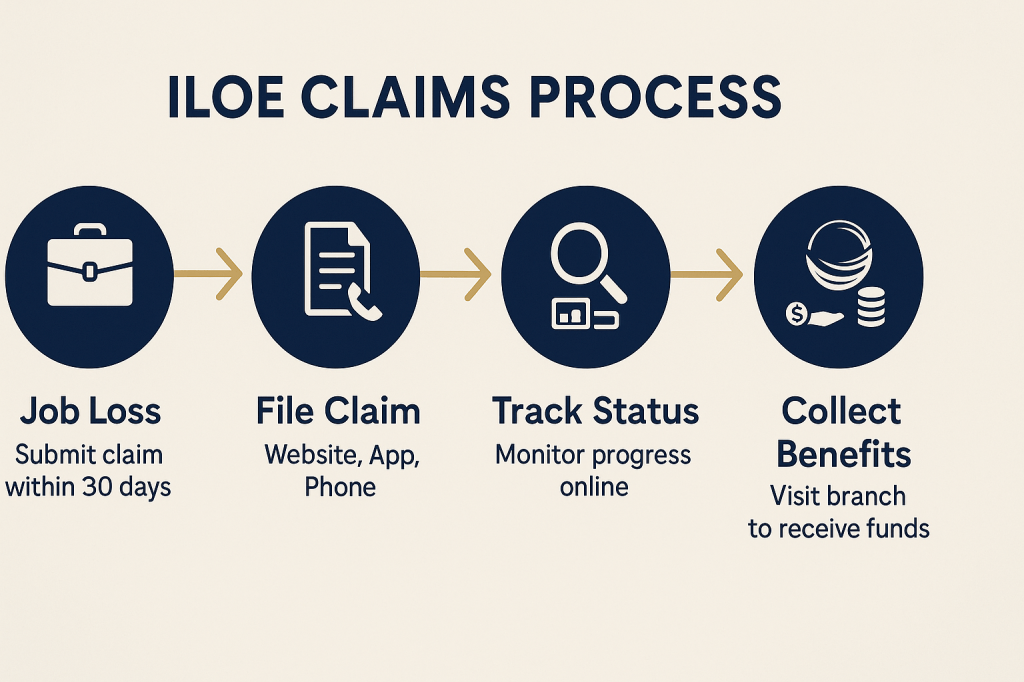 Four-step ILOE claims process from job loss to benefit collection at Al Ansari Exchange