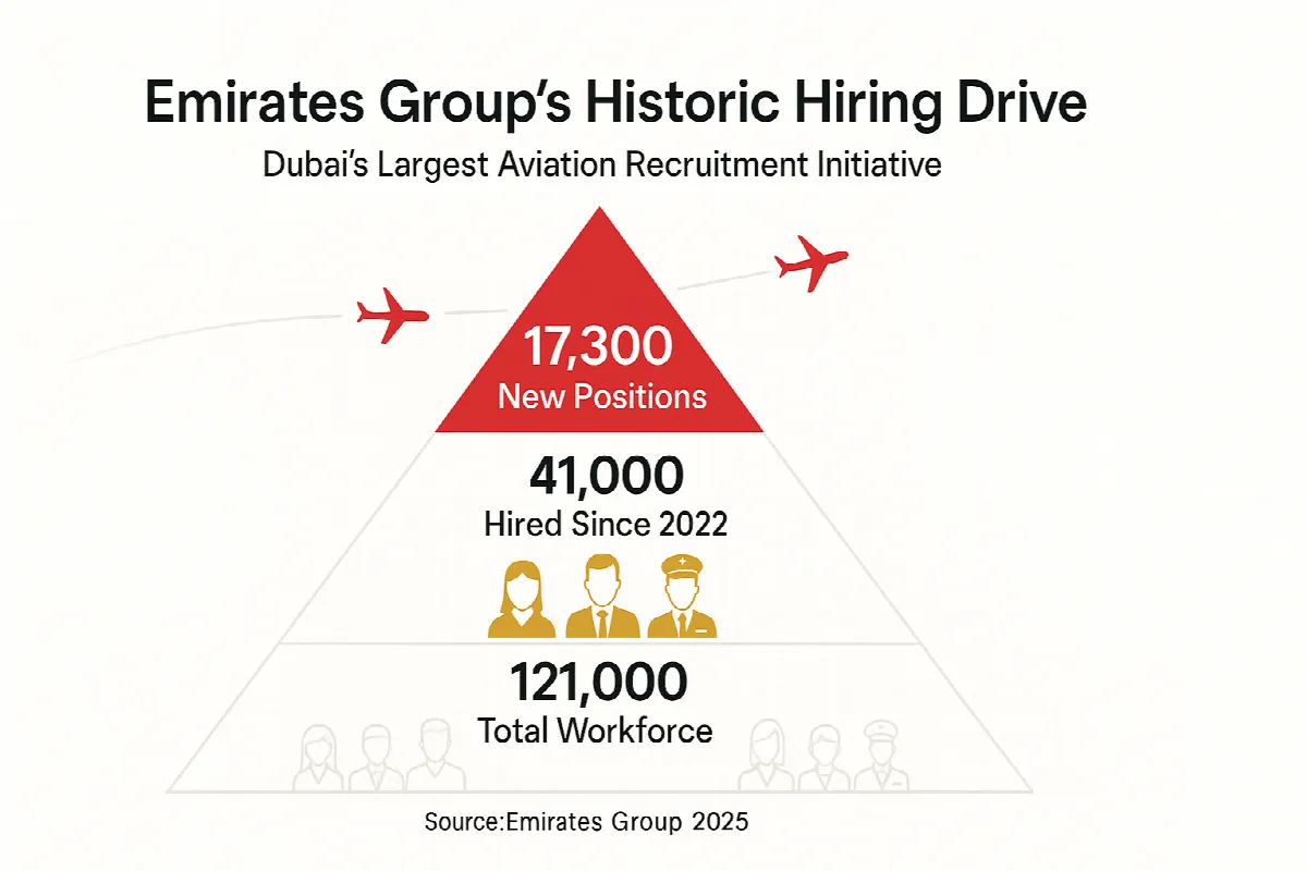 Emirates Group recruitment drive infographic showing 17,300 new positions and hiring scale