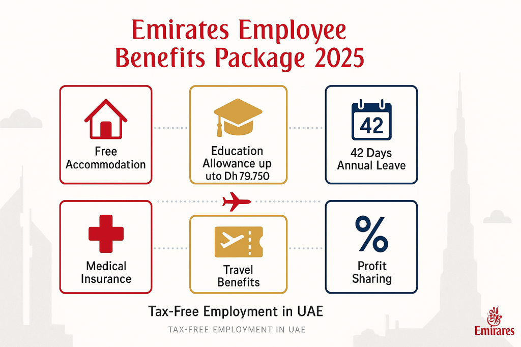 Emirates employee benefits package including accommodation, education allowances, medical insurance, and travel perks