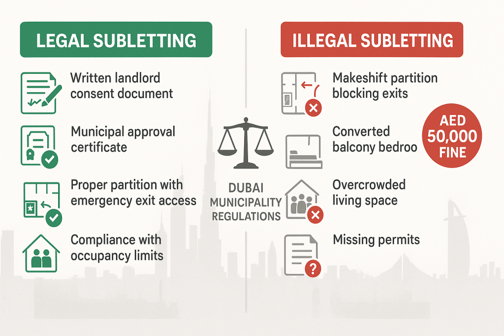 Legal vs illegal subletting in Dubai showing proper permissions versus unauthorized partitioning violations